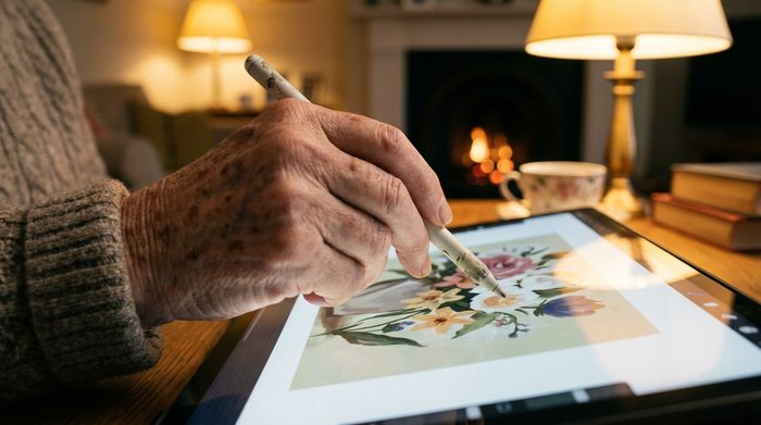Nahaufnahme einer älteren Hand, die behutsam mit einem Touchpen auf einem großen, hell erleuchteten Tablet-Bildschirm tippt. Klare, fokussierte Darstellung, gemütliches Wohnzimmerlicht.