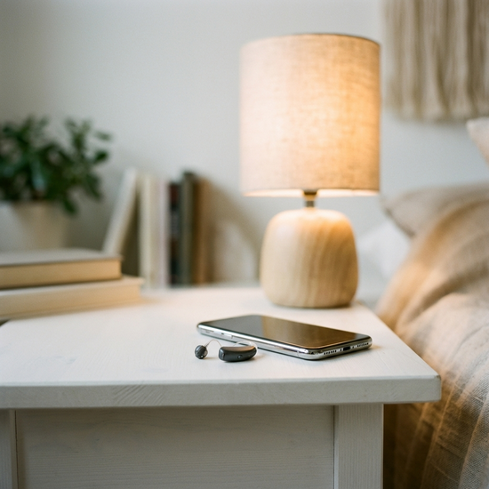 Ein modernes, unauffälliges Hörgerät liegt neben einem glänzenden Smartphone auf einem weißen Nachttisch. Im Hintergrund eine unscharfe, warm leuchtende Nachttischlampe. Saubere, wohnliche Atmosphäre.