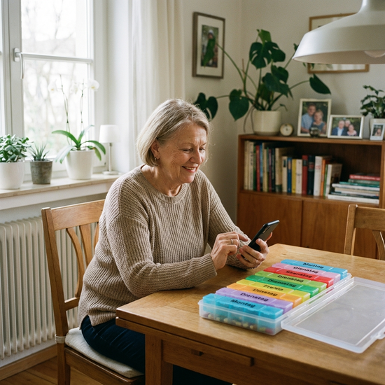 Eine ältere Frau sitzt am Esstisch und schaut auf ihr Smartphone, während neben ihr eine ordentliche Medikamentenbox steht. Sie wirkt entspannt und organisiert. Helles Tageslicht.