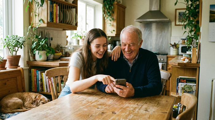 Eine junge Frau und ihr älterer Vater sitzen gemeinsam lachend am Küchentisch und schauen auf ein Smartphone. Die Tochter zeigt geduldig auf den Bildschirm. Warme, familiäre Stimmung.