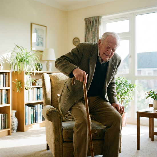 Ein älterer Herr stützt sich beim Aufstehen aus einem Sessel auf seinen Gehstock, sein Gesicht zeigt ein leichtes, angestrengtes Zusammenkneifen der Augen. Helles, aufgeräumtes Wohnzimmer, realistische Fotografie.
