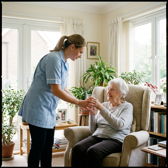 Eine aufmerksame Pflegekraft reicht einer älteren Dame ein Glas Wasser und beobachtet dabei behutsam ihre Körpersprache. Friedliche, alltägliche Pflegesituation in einem hellen Raum.