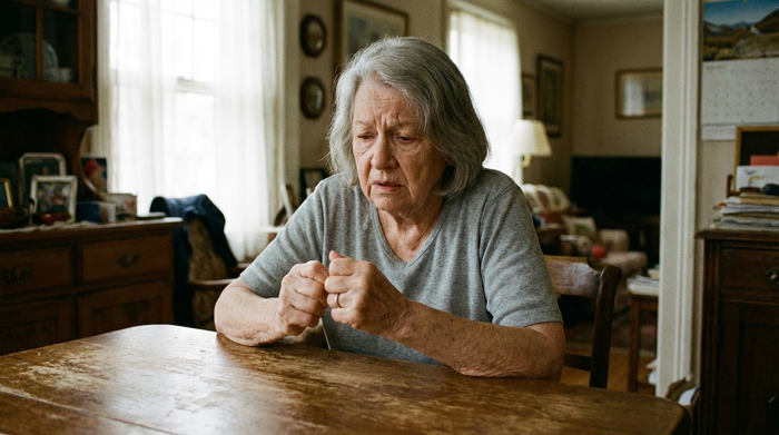 Eine ältere Frau mit grauem Haar sitzt unruhig an einem Esstisch und knetet nervös ihre Hände. Sanftes Tageslicht fällt durch das Fenster, authentische und würdevolle Darstellung einer angespannten Situation.