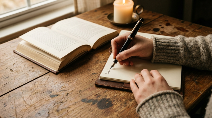 Eine Nahaufnahme der Hände einer jüngeren Frau, die mit einem Füller konzentriert in ein gebundenes Notizbuch schreibt. Ein aufgeschlagenes Buch liegt auf einem Holztisch, gemütliches Licht.