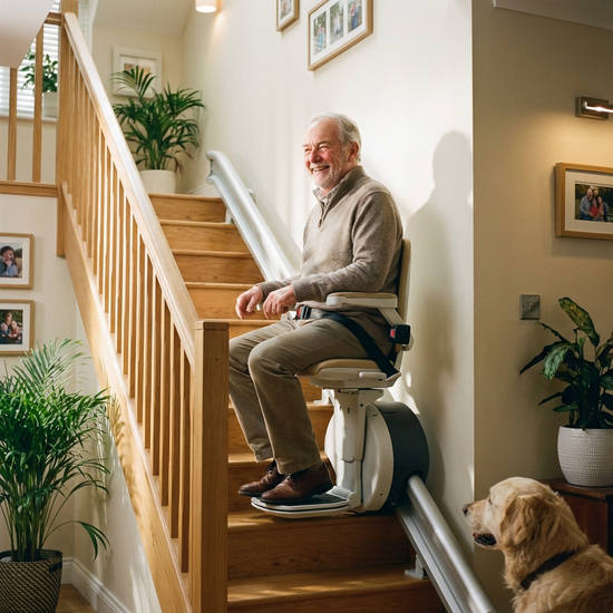 Ein fröhlicher älterer Mann fährt entspannt mit einem modernen Treppenlift eine gut beleuchtete Holztreppe hinauf. Sicheres und komfortables Wohnumfeld, realistische Szene.