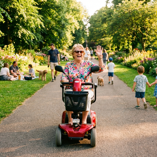 Eine lachende Seniorin fährt an einem sonnigen Tag mit einem roten Elektromobil durch einen grünen Park. Fröhliche Stimmung, aktive und sichere Teilnahme am Leben.