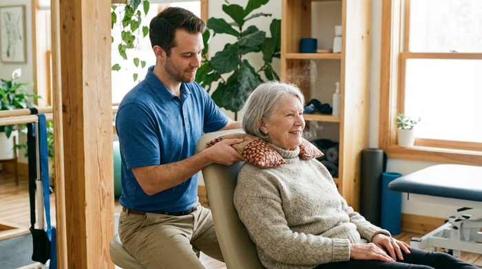 Ein Physiotherapeut legt einer älteren Patientin behutsam ein wärmendes Kirschkernkissen auf den Nacken. Die Seniorin sitzt entspannt auf einem Stuhl, helle und professionelle Praxisumgebung.