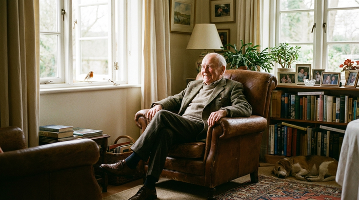 Ein älterer Herr sitzt entspannt in einem bequemen Sessel im heimischen Wohnzimmer und lauscht lächelnd dem Zwitschern eines Vogels am offenen Fenster. Helle, freundliche Umgebung, realistische Fotografie.