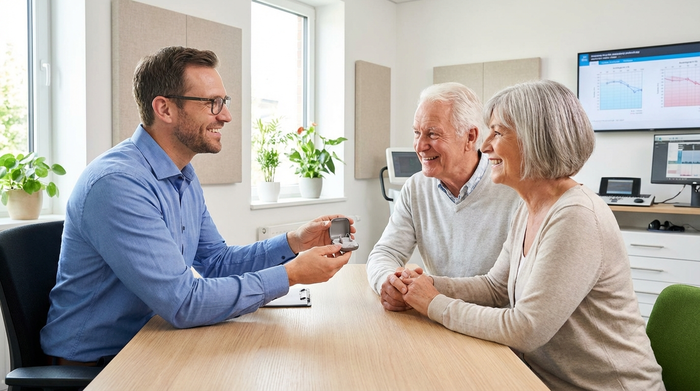 Ein freundlicher Hörakustiker in einem modernen, hellen Beratungsraum reicht einem lächelnden älteren Ehepaar ein kleines, modernes Hörgerät über den Tisch. Vertrauensvolle Atmosphäre, professionelles Umfeld.