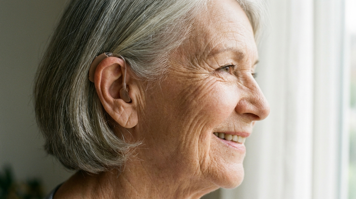 Nahaufnahme des Profils einer lächelnden Seniorin, die ein winziges, kaum sichtbares RIC-Hörgerät hinter dem Ohr trägt. Modernes, unauffälliges Design, weiches und schmeichelhaftes Licht.