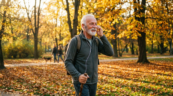 Ein rüstiger Rentner spaziert durch einen herbstlichen Park und telefoniert freihändig und entspannt, während er in die Ferne blickt. Natürliches Licht, aktiver Lebensstil.