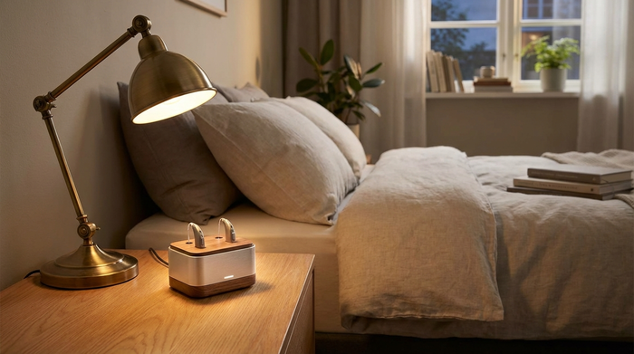 Eine kleine, elegante Ladestation für Hörgeräte steht auf einem hölzernen Nachttisch neben einer warm leuchtenden Leselampe. Ein sauberes, aufgeräumtes und gemütliches Schlafzimmer im Hintergrund.