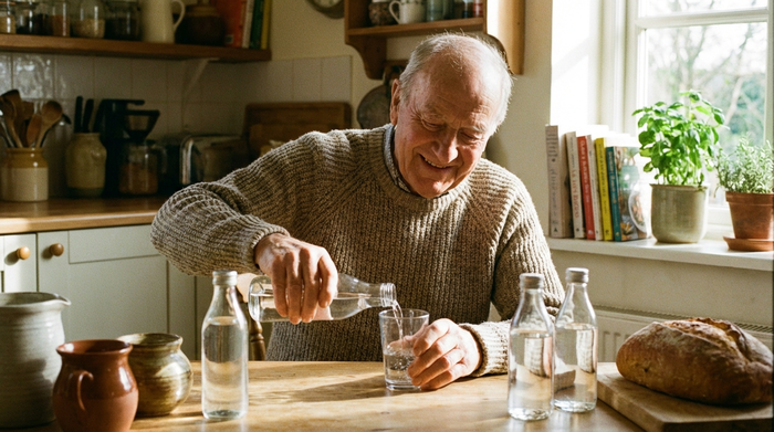 Ein älterer Herr gießt klares Wasser aus einer handlichen, kleinen Flasche in ein Glas. Die Szene findet in einer gemütlichen, gut beleuchteten Küche statt, auf dem Tisch stehen weitere kleine Wasserflaschen bereit.