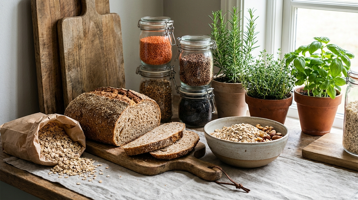 Eine Auswahl an gesunden, haltbaren Lebensmitteln wie Haferflocken, Linsen in Gläsern und frisches Vollkornbrot, ansprechend arrangiert auf einer rustikalen Küchenarbeitsplatte neben frischen Kräutern im Topf.