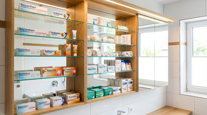 Ein übersichtlicher, gut sortierter Medizinschrank in einem hellen Badezimmer. Man sieht ordentlich aufgereihte medizinische Salben, sauberes Verbandsmaterial und kleine Schachteln auf weißen Glasböden.