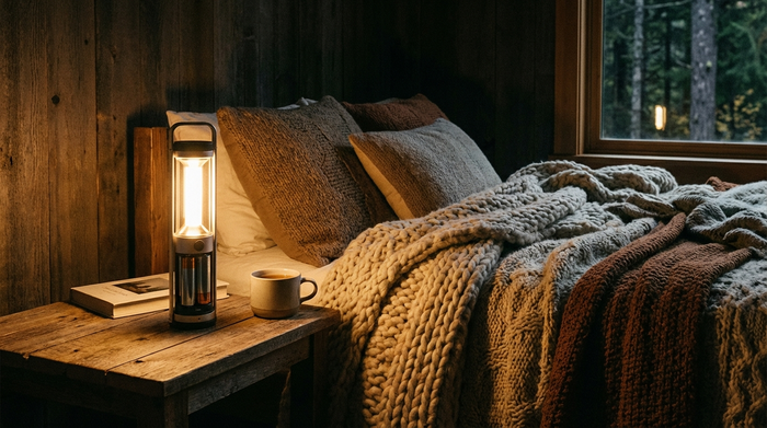 Eine leuchtende, moderne und batteriebetriebene LED-Campinglaterne steht auf einem hölzernen Nachttisch neben einem gemütlichen Bett, das mit dicken, wärmenden Wolldecken ausgestattet ist.