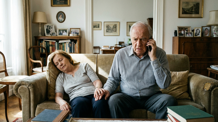 Ein besorgter älterer Herr telefoniert mit einem Smartphone in seinem Wohnzimmer, während er neben seiner auf dem Sofa liegenden Frau sitzt. Dramatische, aber gefasste Stimmung, klares Tageslicht.