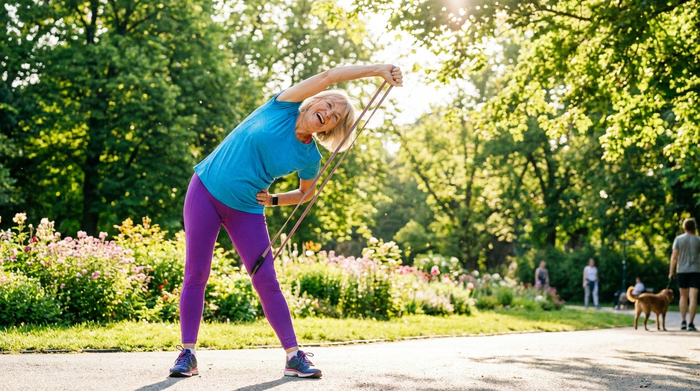 Eine aktive Seniorin in sportlicher Kleidung macht leichte Dehnübungen im Freien in einem sonnigen Park. Grüne Bäume im Hintergrund, fröhliche und vitale Ausstrahlung.