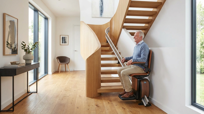 Ein moderner, eleganter Treppenlift in einem hellen, aufgeräumten Flur eines Einfamilienhauses. Ein älterer Herr sitzt entspannt und sicher auf dem Lift, während er nach oben fährt.