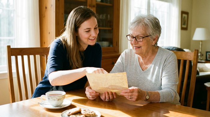 Zwei Hände, die behutsam ein Dokument halten, während eine jüngere Frau einer älteren Dame am Esstisch etwas erklärt. Eine warme Tasse Tee steht auf dem Tisch. Vertrauensvolle Atmosphäre.