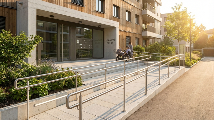 Ein moderner, stufenloser Eingangsbereich eines gepflegten Mehrfamilienhauses mit einer sanften, breiten Rampe und sicheren Handläufen aus Edelstahl an einem sonnigen Nachmittag.