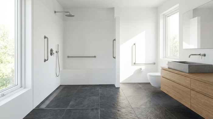Ein helles, modernes Badezimmer mit einer großzügigen, bodengleichen Dusche, rutschfesten anthrazitfarbenen Bodenfliesen und dezenten, stabilen Haltegriffen an den weißen Wänden.