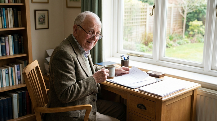 Ein älterer Herr sitzt entspannt an einem aufgeräumten Schreibtisch am Fenster, trinkt eine Tasse Kaffee und betrachtet zufrieden einige Dokumente im Tageslicht.