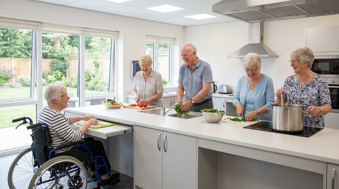 Eine fröhliche Gruppe von Senioren kocht gemeinsam in einer geräumigen, barrierefreien Gemeinschaftsküche mit unterfahrbaren Arbeitsplatten und lacht bei der Zubereitung von frischem Gemüse.