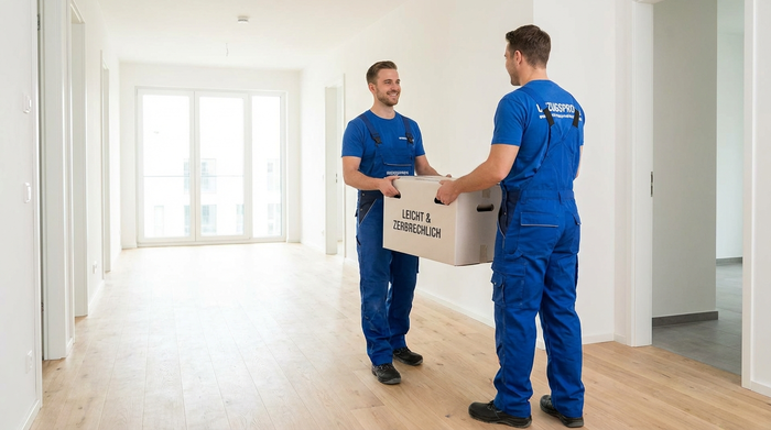 Zwei freundliche Umzugshelfer in sauberer Arbeitskleidung tragen vorsichtig einen leichten Karton durch einen breiten, gut beleuchteten Flur einer neuen, leeren Wohnung.