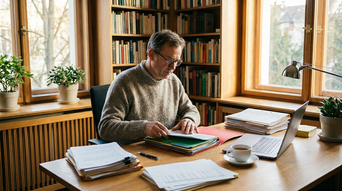 Ein konzentrierter Mann mittleren Alters sitzt an einem aufgeräumten Schreibtisch und sortiert ordentlich Dokumente in verschiedene Mappen. Warme, ruhige Arbeitsatmosphäre in einem hellen Arbeitszimmer.
