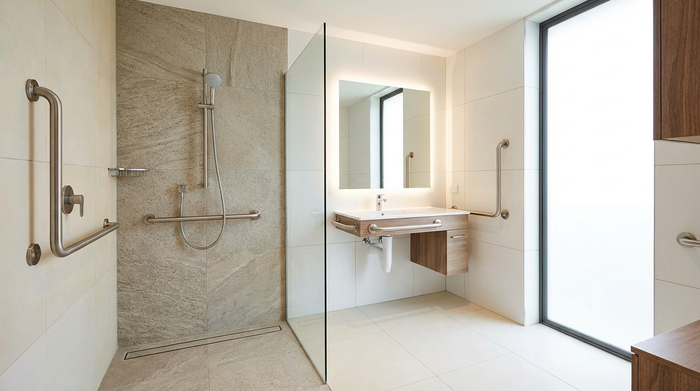 Ein modernes, helles und barrierefreies Badezimmer mit einer großzügigen, bodengleichen Dusche, eleganten Haltegriffen und rutschfesten Fliesen. Sauberes, stilvolles Interieur ohne Personen.