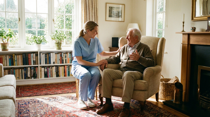 Eine freundliche Pflegekraft in hellblauer Kleidung unterhält sich angeregt mit einem älteren Herrn, der bequem in einem Sessel in einem lichtdurchfluteten, gemütlichen Zimmer sitzt.