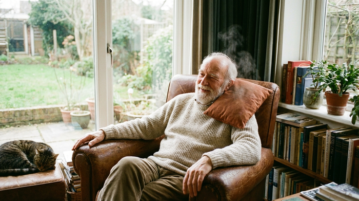 Ein warmes Kirschkernkissen liegt auf der Schulter eines älteren Mannes, der entspannt in einem bequemen Sessel am Fenster sitzt. Sanftes Tageslicht beleuchtet die friedliche Szene.