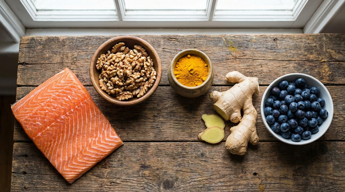 Eine rustikale Holztischplatte mit einer bunten Auswahl an frischen, gesunden Lebensmitteln: ein Stück Lachs, Walnüsse, leuchtend gelbes Kurkumapulver, frischer Ingwer und eine Schale mit reifen Blaubeeren.