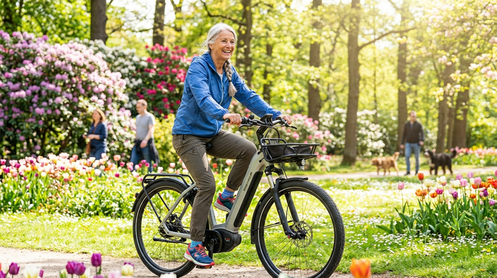 Eine vitale Seniorin fährt bei strahlendem Sonnenschein auf einem modernen E-Bike durch einen grünen, blühenden Park. Sie trägt bequeme Sportkleidung und lächelt glücklich.