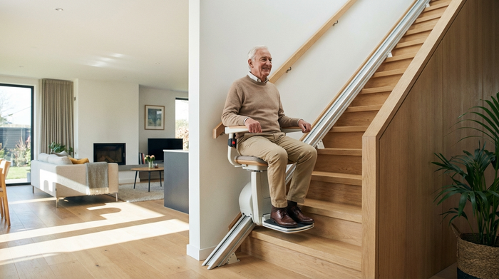 Ein moderner, unauffälliger Treppenlift gleitet an einer hellen Holztreppe in einem gepflegten Einfamilienhaus hinauf. Ein älterer Herr sitzt bequem und sicher darauf, während er nach oben fährt.