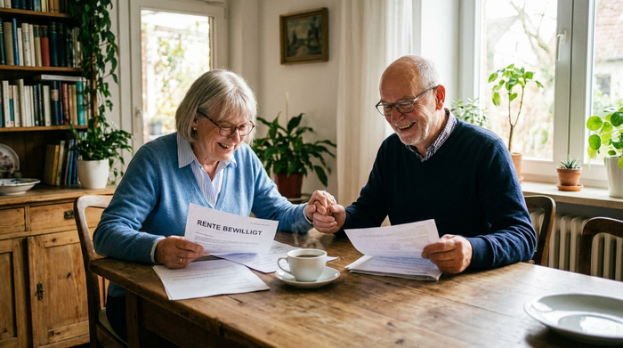 Ein älteres Ehepaar sitzt gemeinsam an einem Esstisch und schaut zufrieden auf einige Dokumente. Eine Tasse Kaffee steht bereit, die Stimmung ist erleichtert und positiv.