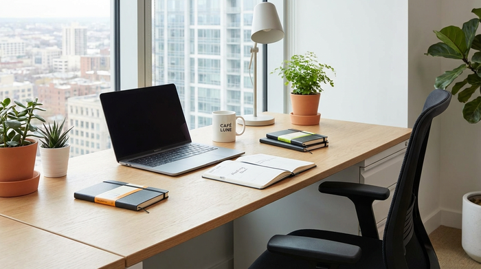 Ein moderner Büroarbeitsplatz mit einem schlanken Laptop, einer weißen Kaffeetasse und ordentlichen Notizbüchern. Ein Terminplaner liegt aufgeschlagen auf dem hellen Schreibtisch. Sanftes Tageslicht fällt durch ein großes Fenster, professionelle und ruhige Arbeitsatmosphäre.