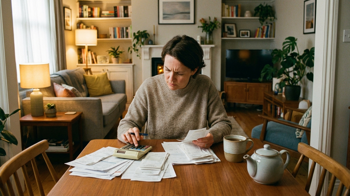 Eine nachdenkliche Person sitzt an einem Esstisch, sortiert konzentriert Papiere und bedient einen Taschenrechner. Neben ihr steht eine dampfende Tasse Tee. Gemütliche, warme Beleuchtung in einem aufgeräumten, heimischen Wohnzimmer.