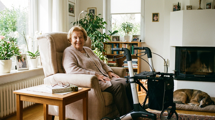 Eine ältere Dame sitzt entspannt in einem komfortablen Sessel in einem hellen, freundlichen Wohnzimmer. Neben ihr steht ein moderner Rollator, auf dem Beistelltisch liegen ein Buch und eine Brille. Friedliche und sichere Umgebung.