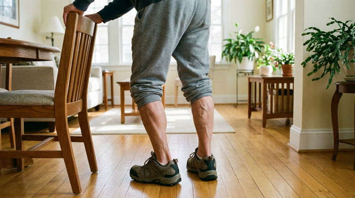 Nahaufnahme der Beine eines älteren Mannes in bequemer Sportkleidung und festen Turnschuhen, der auf einer ebenen Fläche in einem hellen Wohnzimmer steht. Er stützt sich leicht auf eine Stuhllehne, um das Gleichgewicht zu halten. Fokus auf die Wadenmuskulatur. Realistisch, sauberes Umfeld, keine Texte.