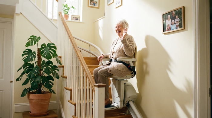 Eine fröhliche ältere Frau sitzt bequem und sicher angeschnallt in einem modernen Treppenlift, der sanft eine geschwungene Treppe hinaufgleitet. Das Treppenhaus ist hell und freundlich eingerichtet, mit einer grünen Zimmerpflanze im Hintergrund. Hochwertige Fotografie, realistisch, keine Texte oder Labels.