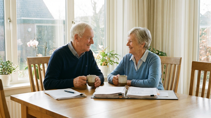 Ein älteres Ehepaar sitzt entspannt an einem aufgeräumten Esstisch in einem sonnigen Esszimmer. Sie lächeln sich zufrieden an und trinken Kaffee. Auf dem Tisch liegen ordentlich sortierte Dokumente und ein Stift. Positive, erleichterte Stimmung, realistischer Fotostil.