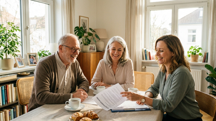 Ein älteres Ehepaar sitzt lächelnd am Esstisch in einem hellen Wohnzimmer und bespricht gemeinsam mit einer freundlichen Beraterin einige Dokumente. Die Stimmung ist positiv und erleichtert.