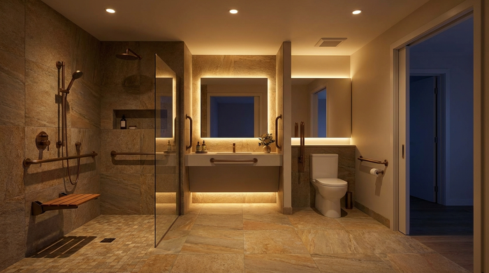 Ein modernes, barrierefreies Badezimmer mit ebenerdiger Dusche, Haltegriffen und rutschfesten Fliesen. Warme Beleuchtung sorgt für eine sichere und einladende Atmosphäre in der Nacht.