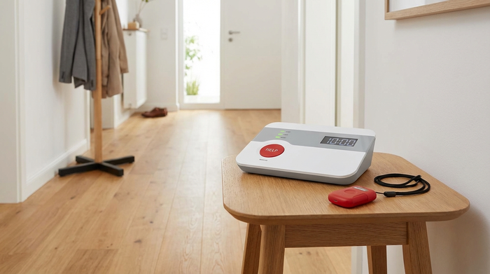 Nahaufnahme einer Basisstation für einen Hausnotruf auf einem kleinen Holztisch im Flur. Daneben liegt ein roter, wasserdichter Funksender als Halskette. Alles wirkt modern, sauber und unaufdringlich im Hintergrund eines aufgeräumten Zuhauses.