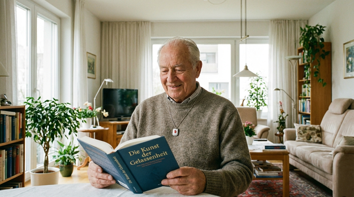 Ein älterer Herr lächelt entspannt beim Lesen eines Buches in seinem aufgeräumten Wohnzimmer. Er trägt einen unauffälligen Notrufknopf als Kette. Die Szene strahlt Selbstständigkeit und Sicherheit im Alter aus, helles und freundliches Licht.