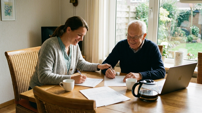 Eine erwachsene Tochter und ihr älterer Vater sitzen gemeinsam am Esstisch und füllen konzentriert, aber entspannt Dokumente aus. Auf dem Tisch stehen Kaffeetassen. Ein Gefühl von familiärer Unterstützung und Erleichterung liegt in der Luft.