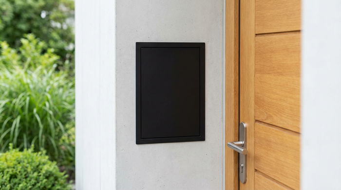 Eine moderne, unauffällige Schlüsselbox, die sicher an einer sauberen Hauswand neben einer gepflegten Haustür aus Holz angebracht ist. Im Hintergrund unscharfe grüne Pflanzen. Hochwertige Fotografie, klare Linien, keine Schriftzüge.
