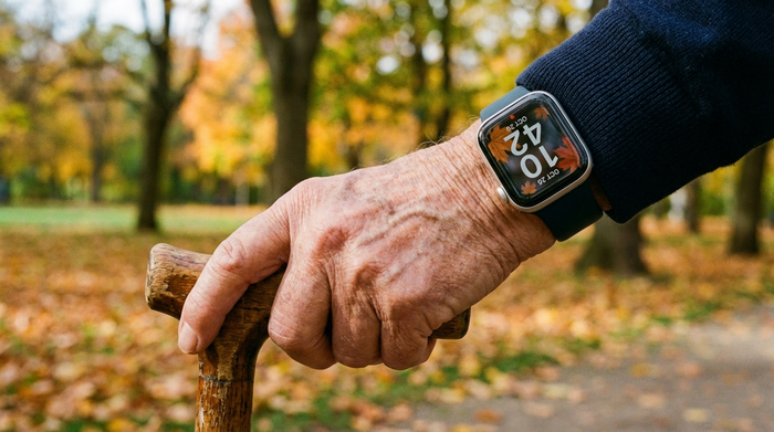 Das Handgelenk einer älteren Person, die eine moderne Smartwatch mit digitalem Ziffernblatt trägt. Die Hand ruht auf einem Gehstock. Im Hintergrund ein unscharfer Park im Herbst. Realistisches, klares Bild ohne störende Texte.